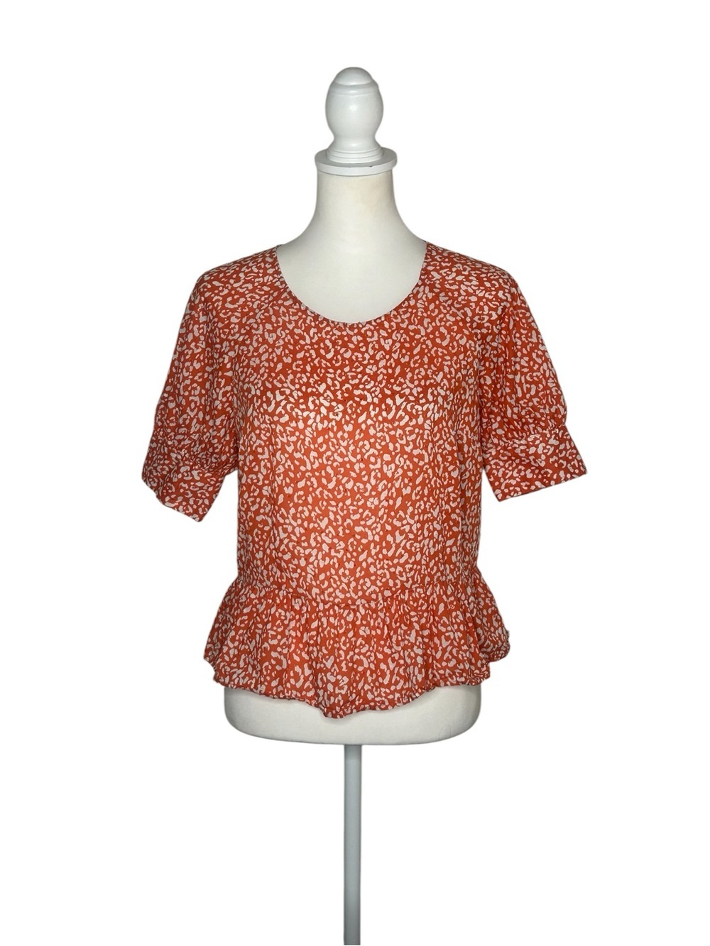 POPSUGAR EUC Rust Orange White Short-Sleeve Peplum Blouse Sz M Babydoll Boho